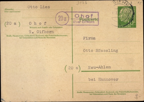 Papeteria pocztowa pocztówka krajowa data stempla pocztowego Ohof nad Gifhorn