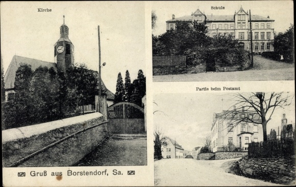 Postcard Borstendorf Grünhainichen Sachsen, church, school, lot at the post office