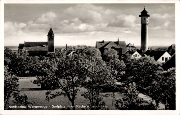 Postcard North Sea resort Wangerooge in East Frisia, village square, Protestant church, lighthouse