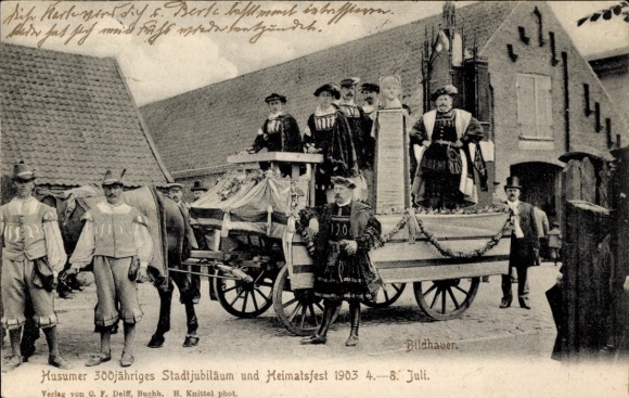 Postcard Husum in North Frisia, 300th anniversary of the city, local festival 1903, histor. Parade, sculptor