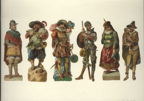 6 figurek opłatkowych / kostiumów z Don Kichota, każdy o wymiarach ok. 12,5 x 4,5 cm