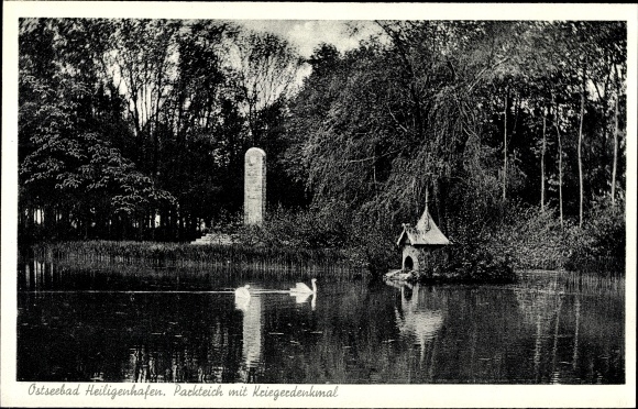 Postcard Baltic resort Heiligenhafen in Holstein, park pond, war memorial