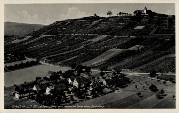 Postcard Treffentrill Cleebronn in Württemberg, Tripsdrill, Altweibermühle, aerial photograph
