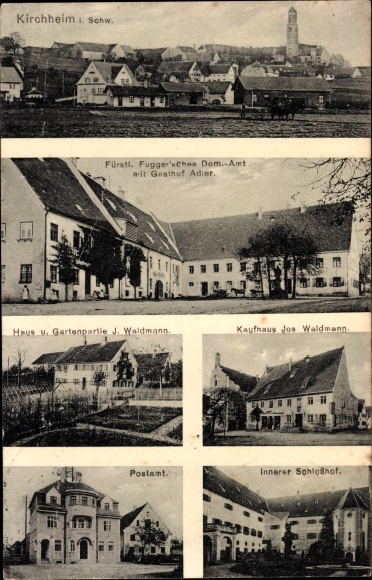 Postcard Kirchheim in Swabia, Gasthof Adler, department store Waldmann, post office, castle courtyard