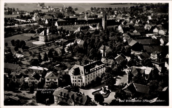 Postcard Bad Wörishofen in Unterallgäu, aerial photograph, Kneippkurhotel Sproll