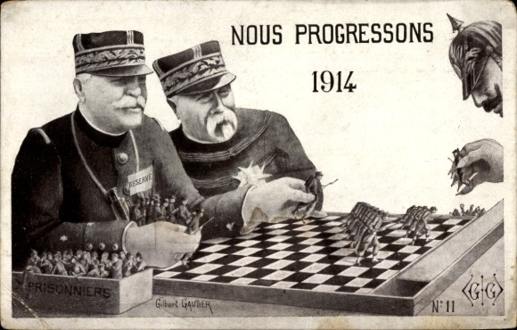 Postcard Nous Progressons 1914, Nous Vaincrons, Joffre, Guillaume II., Échecs, chess, prisoners of war