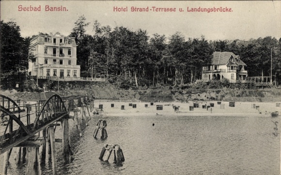 Postcard Ostseebad Bansin on Usedom, seaside resort hotel beach terrace, pier, water view