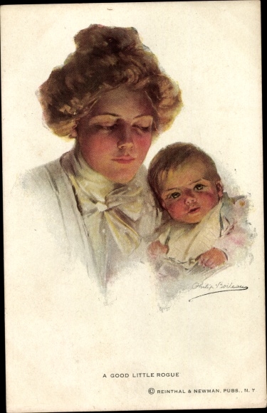 Artist Postcard Boileau, P., mother with baby, A good little rogue