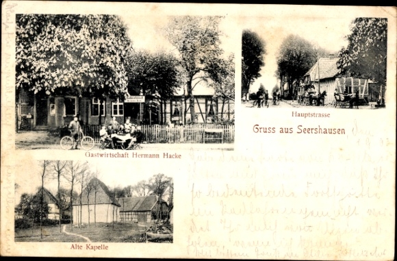 Postcard Seershausen Meinersen in Lower Saxony, Hermann Hacke inn, main street, old chapel