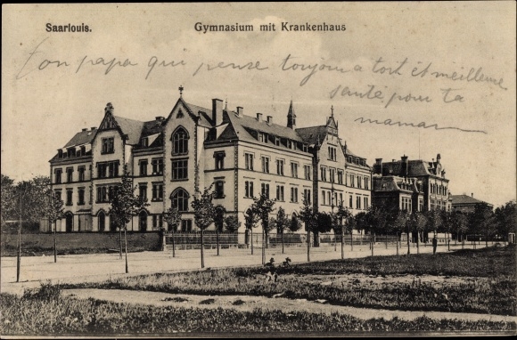 Postcard Saarlouis in Saarland, high school with hospital