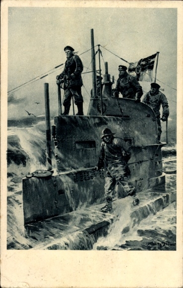 Artist Postcard Stöwer, Willy, German submarine, on the conning tower, U-boat day 1917