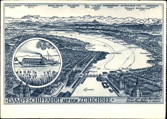 Kunstenaar Ansichtkaart Zürich Stad Zwitserland, stoomboottocht op het Meer van Zürich, Limmat, Drusberg, Böser Faulen