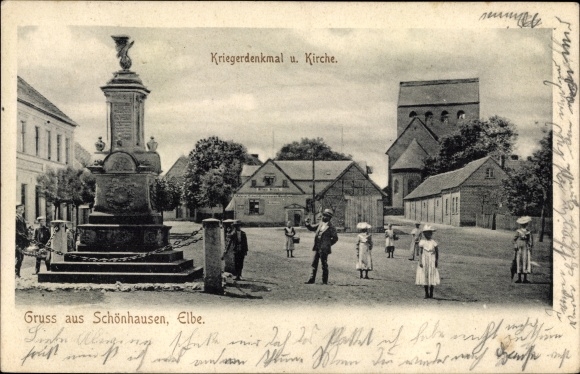 Postcard Schönhausen an der Elbe, war memorial, church
