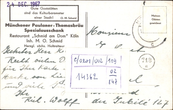 Postcard Köln am Rhein, main station and Deichmann-Haus, Restaurant Schmid am Dom, tram