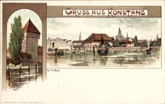 Artist Chromo-Litho Mutter, K., Konstanz on Lake Constance, city view, tower