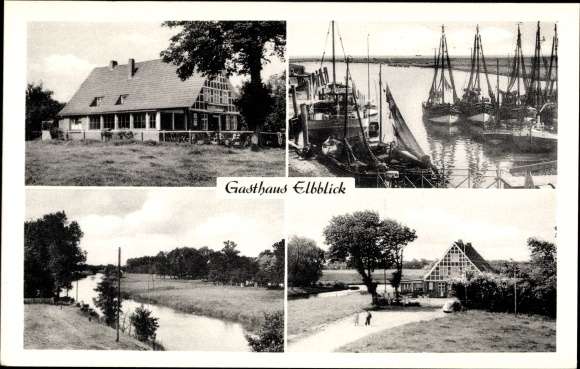 Ak Otterndorf an der Niederelbe, Gasthaus und Pension Elbblick, Fischerboote, Fachwerkhaus
