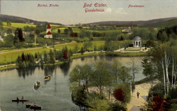 Postcard Bad Elster in Vogtland, Catholic Church, Gondola Pond and Flora Temple in Bad Elster