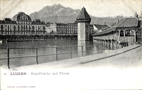 Postcard Lucerne City Switzerland, Chapel Bridge, Water Tower, Pilatus