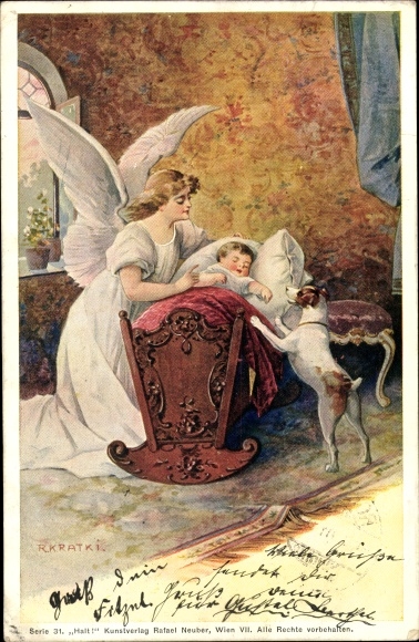 Artist PC Kratky, R., angel and terrier at a baby cradle, guardian angel