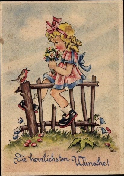 Artist Postcard Congratulations on school enrolment, girl with a bouquet of flowers on a garden fence, bird