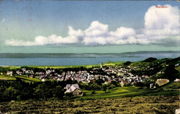 Postcard Helden Limburg Netherlands, view of lake in the background, green meadows