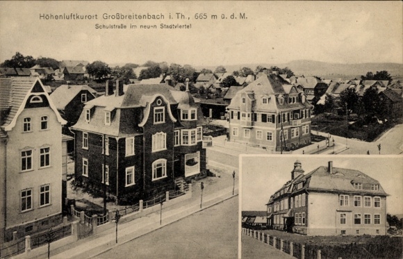 Postcard Großbreitenbach in Thuringia, high altitude health resort, historical architecture, Schulstraße, new town