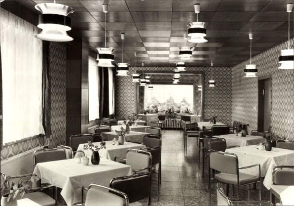 Postcard Eisenberg in Thuringia, dining room, company holiday home Walkmühle, VEB Industrial Insulation L