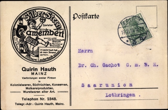 Postcard Mainz am Rhein, Silberstern Camembert, Quirin Hauth, cheese, advertising