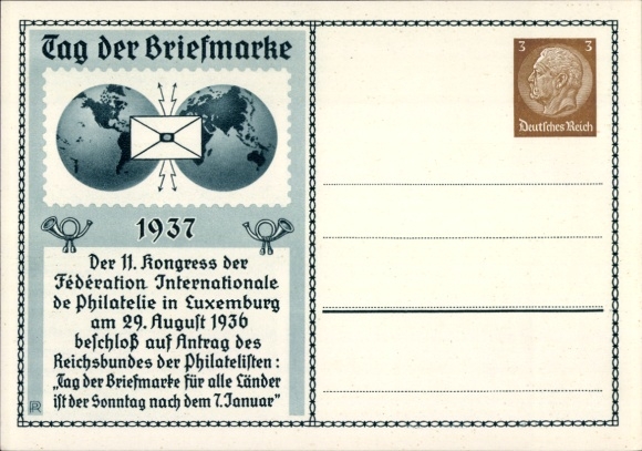 Postkaart van de Postzegeldag 1937, 11e Congres van de Fédération Int. Filatelie in Luxemburg