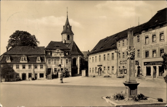 Ansichtkaart Mutzschen Grimma in Saksen, kavel op de markt, monument, Ratskeller