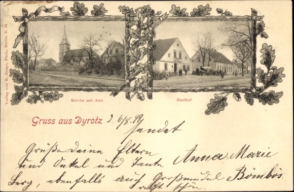 Postcard Dyrotz Wustermark, church, office, inn