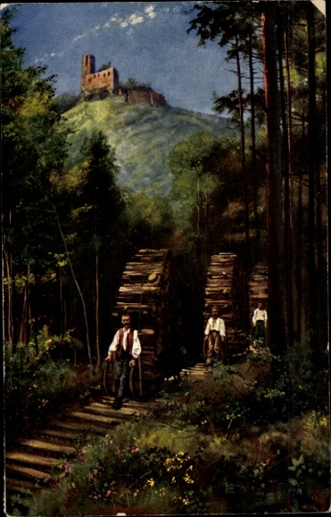 Artist Postcard Hoffmann, H., Andlau Alsass Bas Rhin, wooden slide at the Spesburg ruins