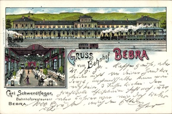 Chromo-Litho Bebra on the Fulda in Hesse, train station, track side, station restaurant, interior view