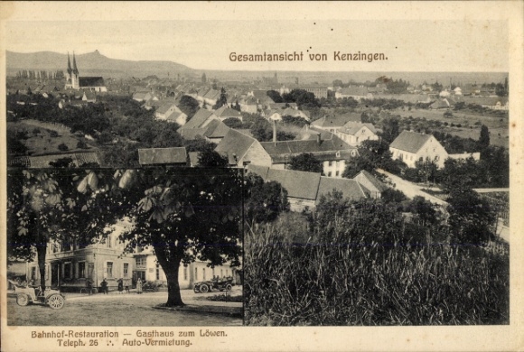 Ak Kenzingen im Breisgau Baden, Gesamtansicht, Bahnhof-Restauration, Gasthaus zum Löwen