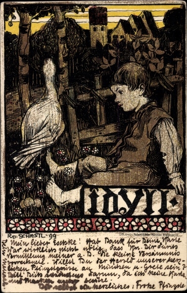 Artist Chromo-Litho Schiestl, Rudolf, brother of Matthäus, Idyll, boy, goose