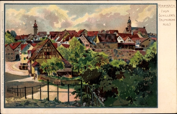 Kunstenaar litho Bergen, Fritz, Marbach am Neckar, Uitzicht vanaf de doopkapel van Schiller