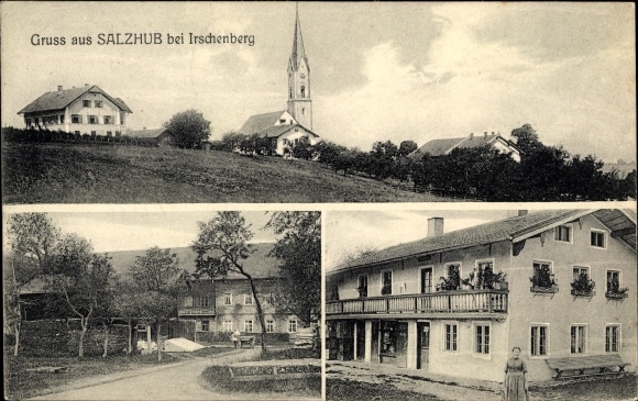 Postcard Salzhub Irschenberg in Upper Bavaria, church, local section, business building