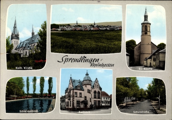 Ak Sprendlingen in Rheinhessen, kerken, gemeentehuis, zwembad, schoolstraat, plaats