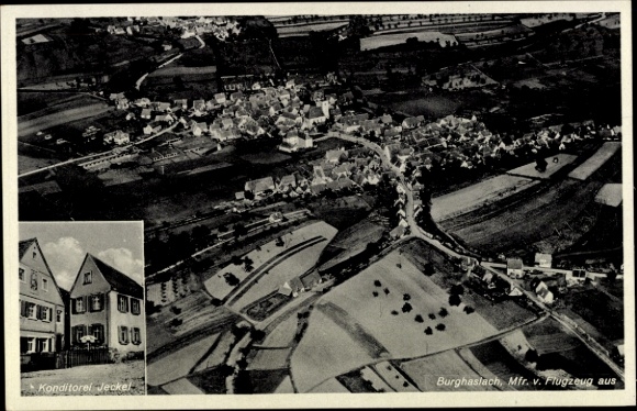 Postcard Burghaslach in Middle Franconia, Jeckel Confectionery, aerial photograph of agricultural land, Ge