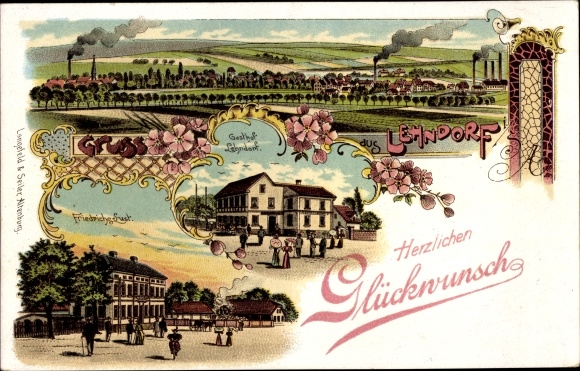 Chromo-Litho Lehndorf Nobitz Thuringia, total view, Friedrichslust, Gasthof Lehndorf, congratulations