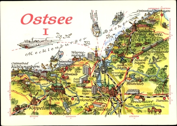 Maps Postcard Baltic resort Warnemünde Rostock, Graal-Müritz, Kuehlungsborn, Dierhagen, Bad Doberan