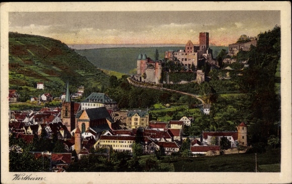 Postcard Wertheim am Main, view of the town, Old Castle, castle complex, river, green hills