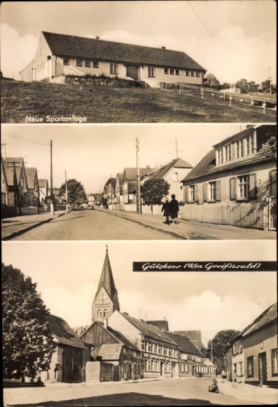 Ak Gützkow in Mecklenburg Vorpommern, Neue Sportanlage, Straßenpartie, Kirche