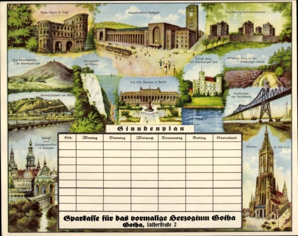 Timetable Sparkasse Herzogtum Gotha, Lutherstraße 2, pictures from German districts around 1930