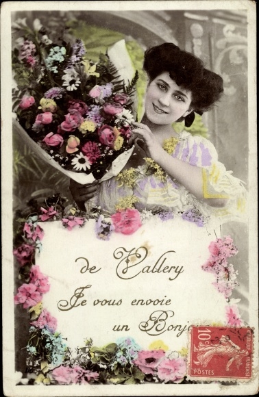 Postcard Vallery Yonne, Bonjour de Vallery, Brown Woman with Flowers