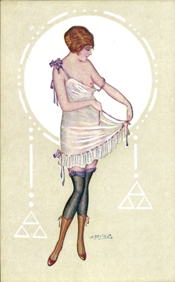 Artist Postcard Bertiglia, Woman in transparent underdress, erotic, breasts, black stockings