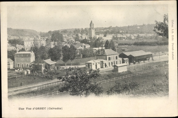 Postcard Orbec Calvados, Une Vue, town view, train station