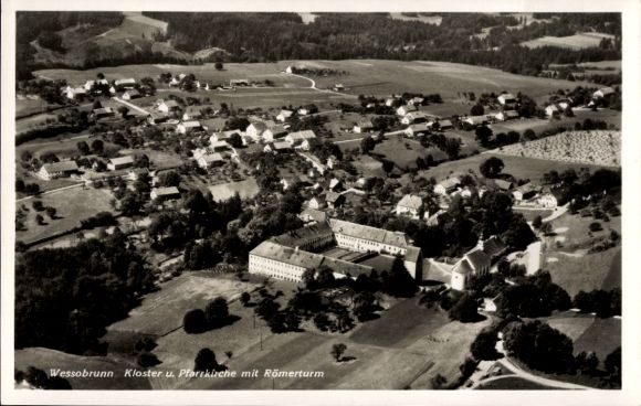 Postcard Wessobrunn in Upper Bavaria, aerial view of monastery and parish church, Roman tower, residential buildings