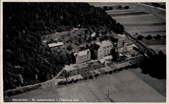 Postcard Gemünden Wohra in Hesse, aerial view of St. Joseph's House, surrounding fields, trees
