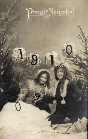 PC Happy New Year, year 1910, two girls